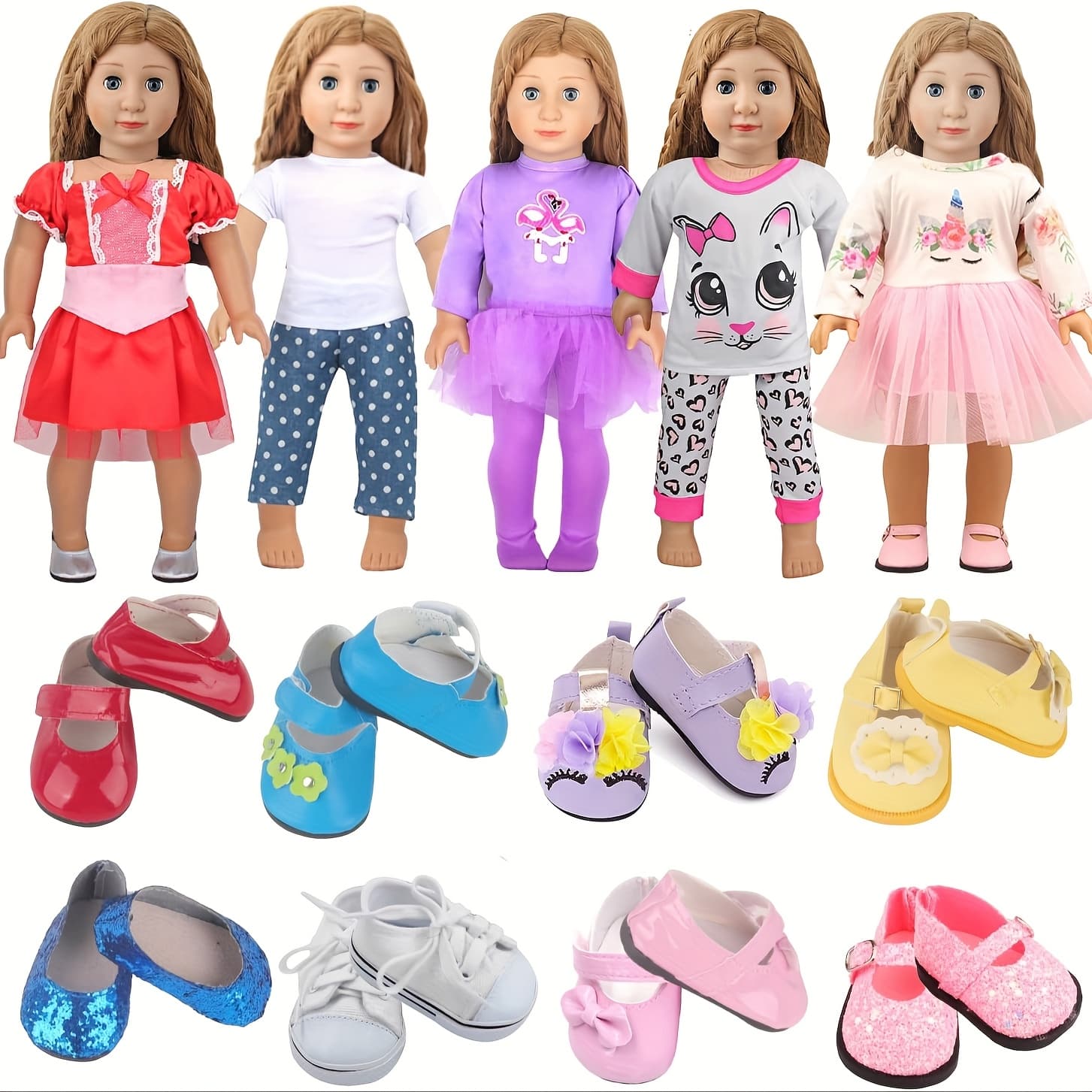 TEMU Additions For 18-inch Doll Outfits, Featuring 5 Sets Of Clothing And Of Shoes, Which A Gauze Skirt, A Dance Skirt, Pajamas, And A Casual Outfit