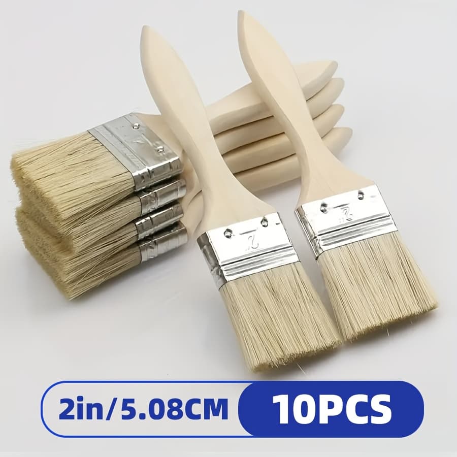 TEMU 10pcs Flat Paint Brushes | 5.08cm With Wooden Handles & Metal Ferrules - For Art, Crafts, Painting, Varnishing, Glue Applications - Indoor/outdoor Use For & Projects, Durable Plastic Handles