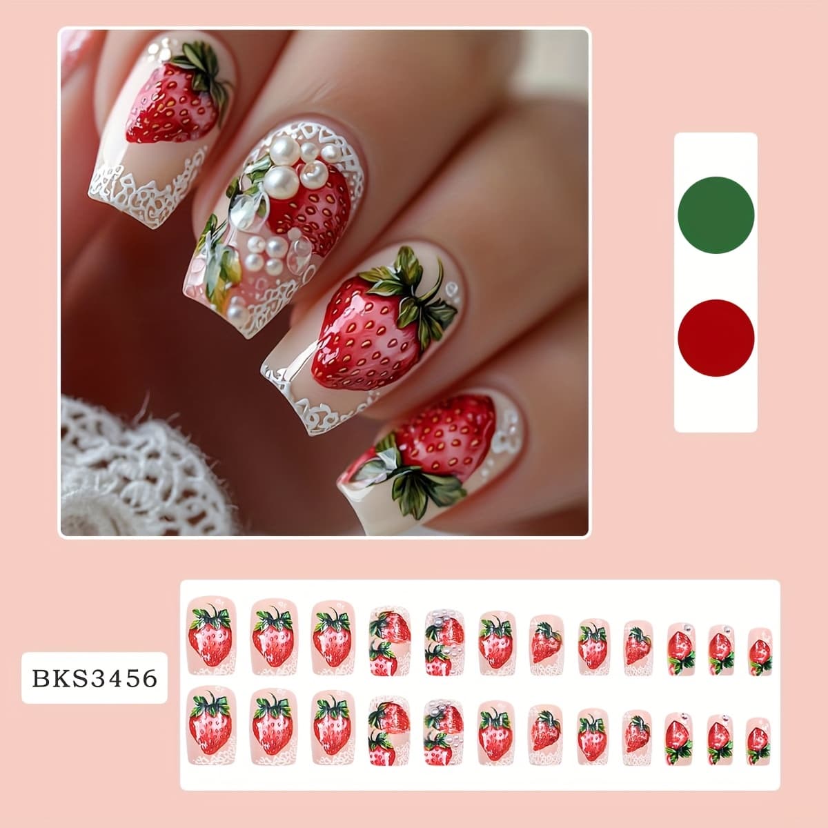 TEMU 24pcs Strawberry Short Square Nails, With & Lace Design Fake Nails For Women