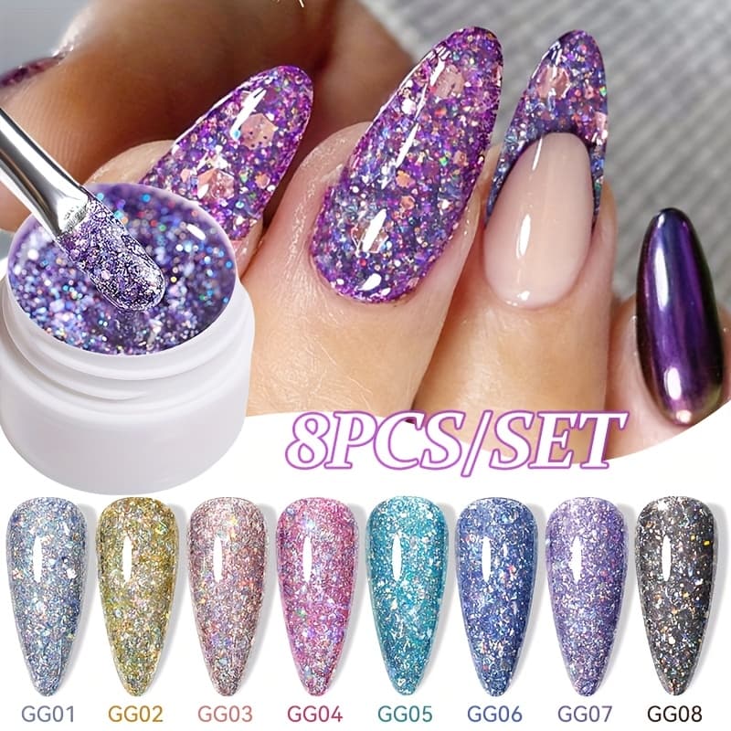 TEMU Lilycute 8pcs Glitter Sequins Gel Nail Polish Shining Flakes Soak Off Led Nail Gel Semi Permanent Gel Nail Art Decoration