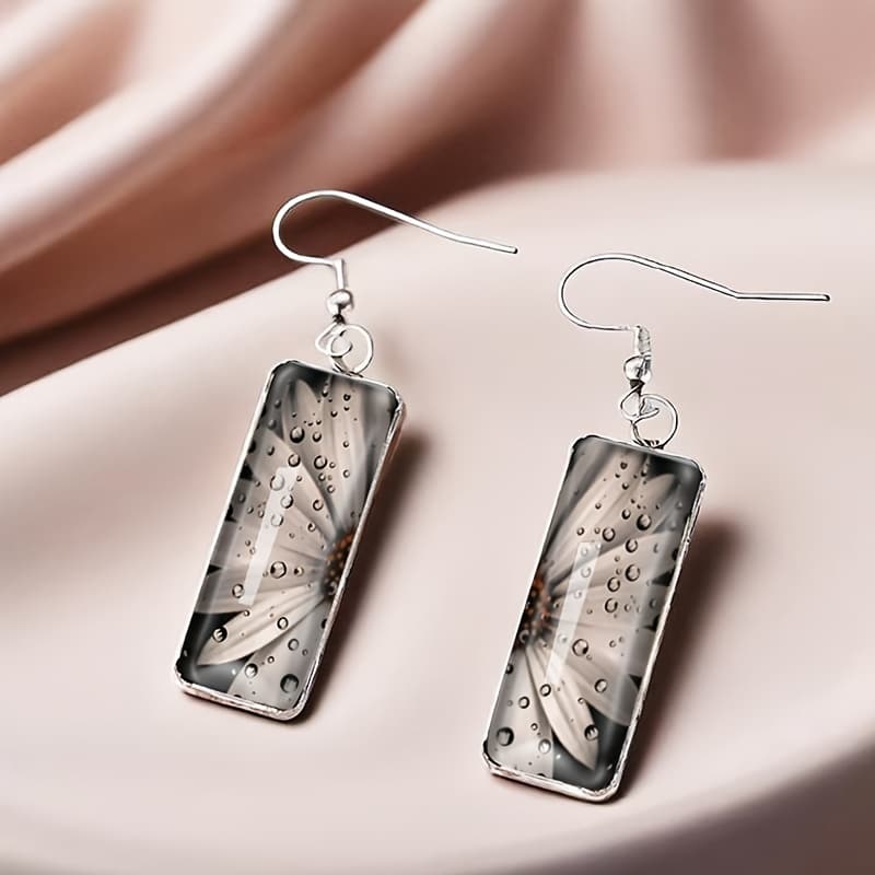 TEMU Fashion Sunflower Illustration Rectangular Hook Pendant Earrings Glass Jewelry Earrings Men's Jewelry Gifts