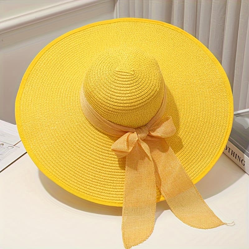 TEMU Bow Ribbon Decor Fashion Versatile Wide Brim Sun Hat