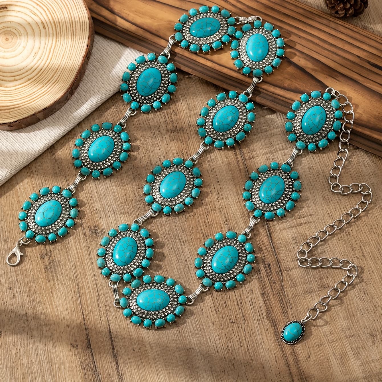 TEMU European And American Bohemian Ladies' Retro Fashionable Denim Lace Carved Turquoise Alloy Antique Silvery Waist Chain, Suitable For Clothing Matching, Daily, Holidays, Etc.