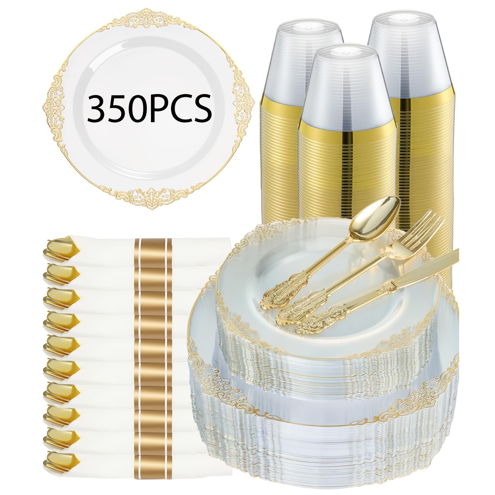 TEMU 350pcs Clear Golden Plastic Dinnerware Set For 50 Guests, Fancy Disposable Plates, : 100 Plastic Plates, 150 Silverwares, 50 Pre Rolled Napkins, 50 Cups For Party, Wedding