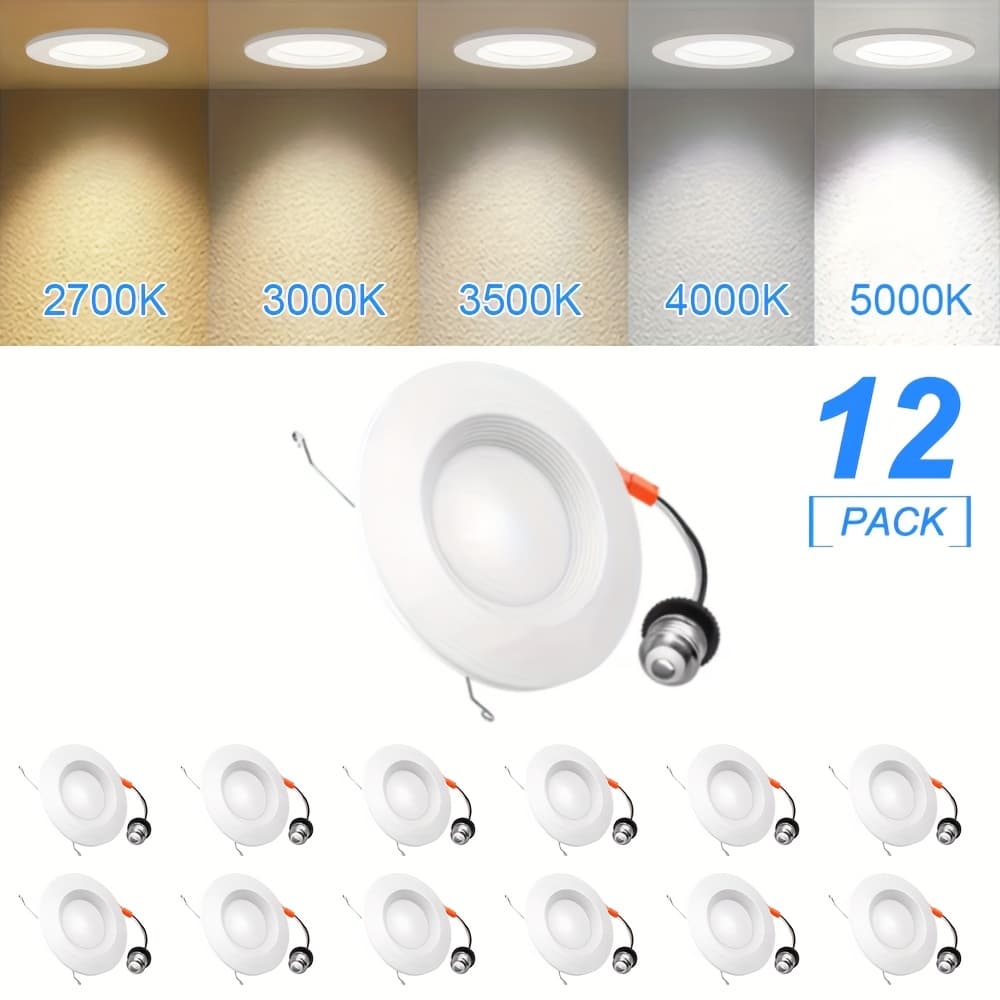 TEMU 6/12 Pack 5/6 Inch Led Recessed Lights, Downlight Can Lights For Ceiling, 5 Cct 2700k/3000k/3500k/4000k/5000k Adjustable, 15w, 1050lm, Cri 90, Dimmable, Baffle Trim, Damp Rated