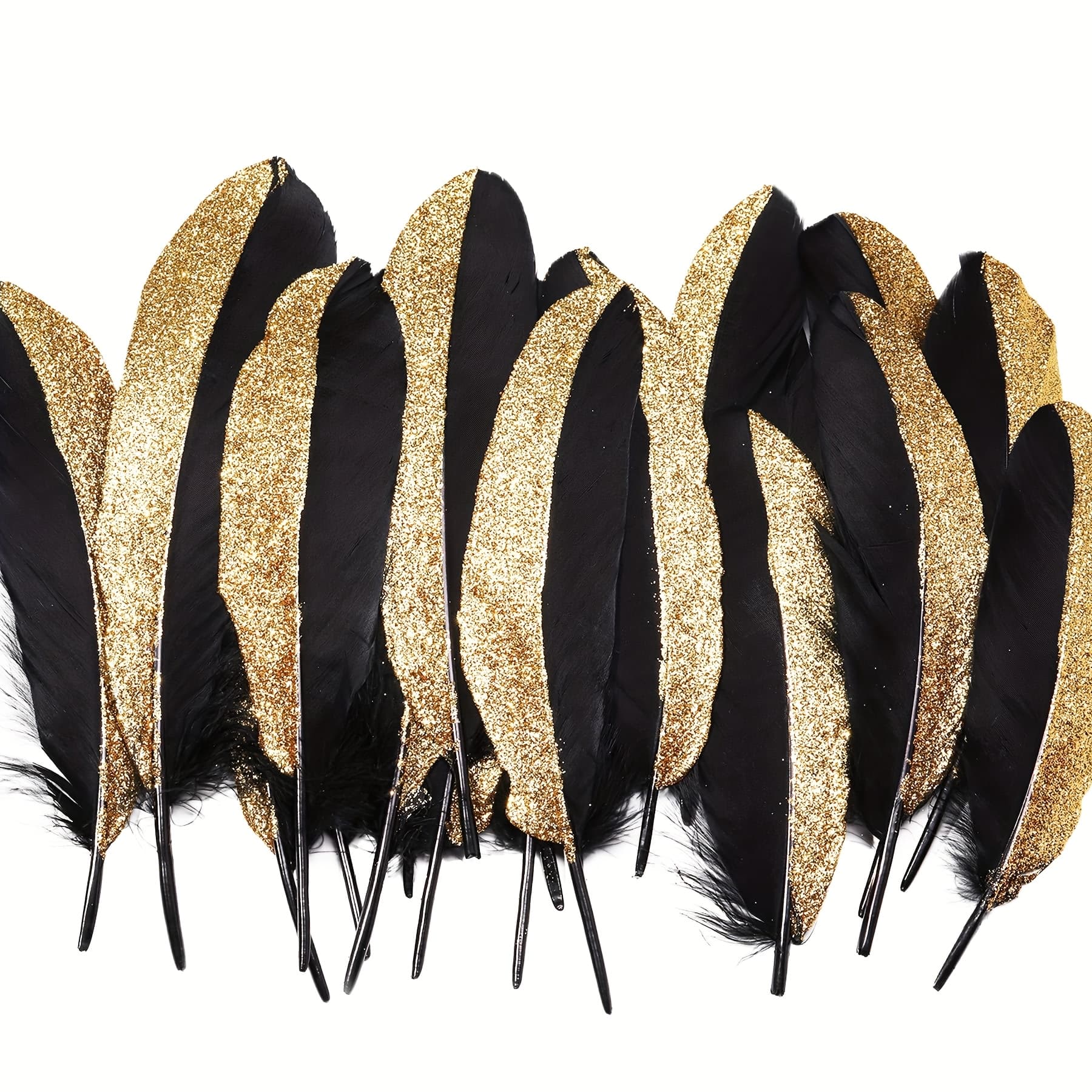 TEMU 42pcs Natural Glitter Feathers Golden Dipped Suitable For 1920s Party Decorations, Wedding Décor, 20s Themed Events - Elegant Sparkling Feathers For Costume, Hair, Bouquets