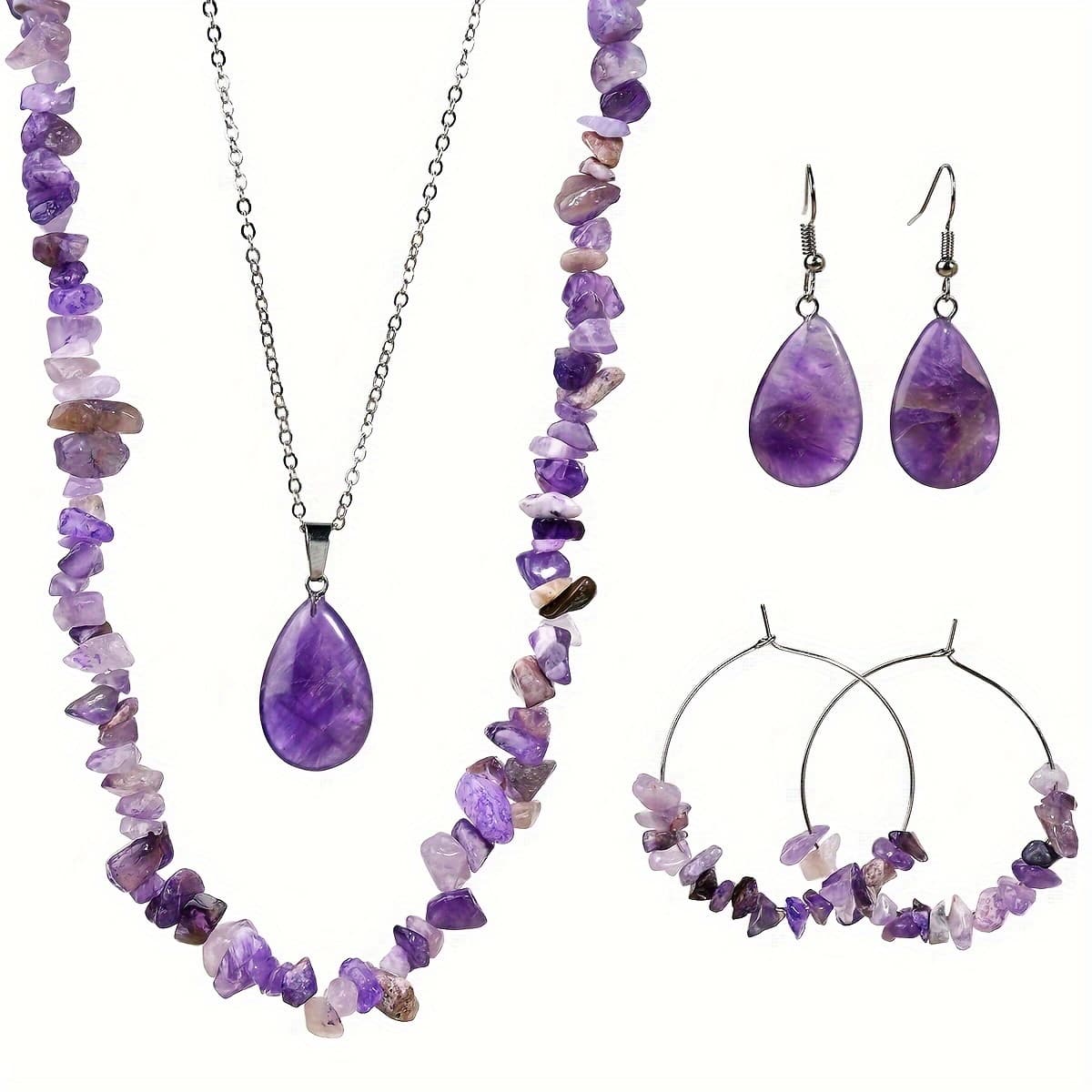 TEMU Natural . 6pcs Set Of Irregular Amethyst Necklace And Earrings, Bohemian Style, Suitable For Daily Wear, Festivals, And As A Gift For In Autumn And Winter