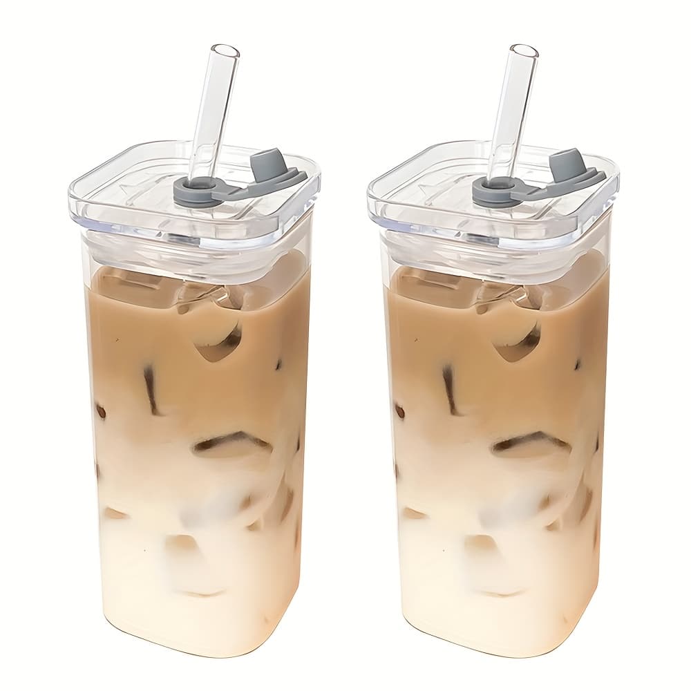 TEMU 2pcs 12 Ounce Reusable Glass Travel Cups - Heat-resistant And Resistant, Including Lid And Straw, Perfect For Hot And Cold Drinks, Perfect For Outdoor Travel