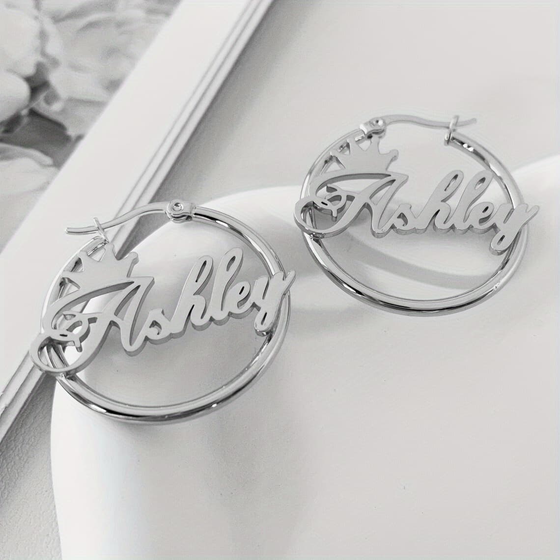 TEMU Custom Princess Crown Name Hoop Earrings, Personalized Stainless Steel Fashionable Exquisite Name Hoops, Trendy Jewelry For Women And, Language To English
