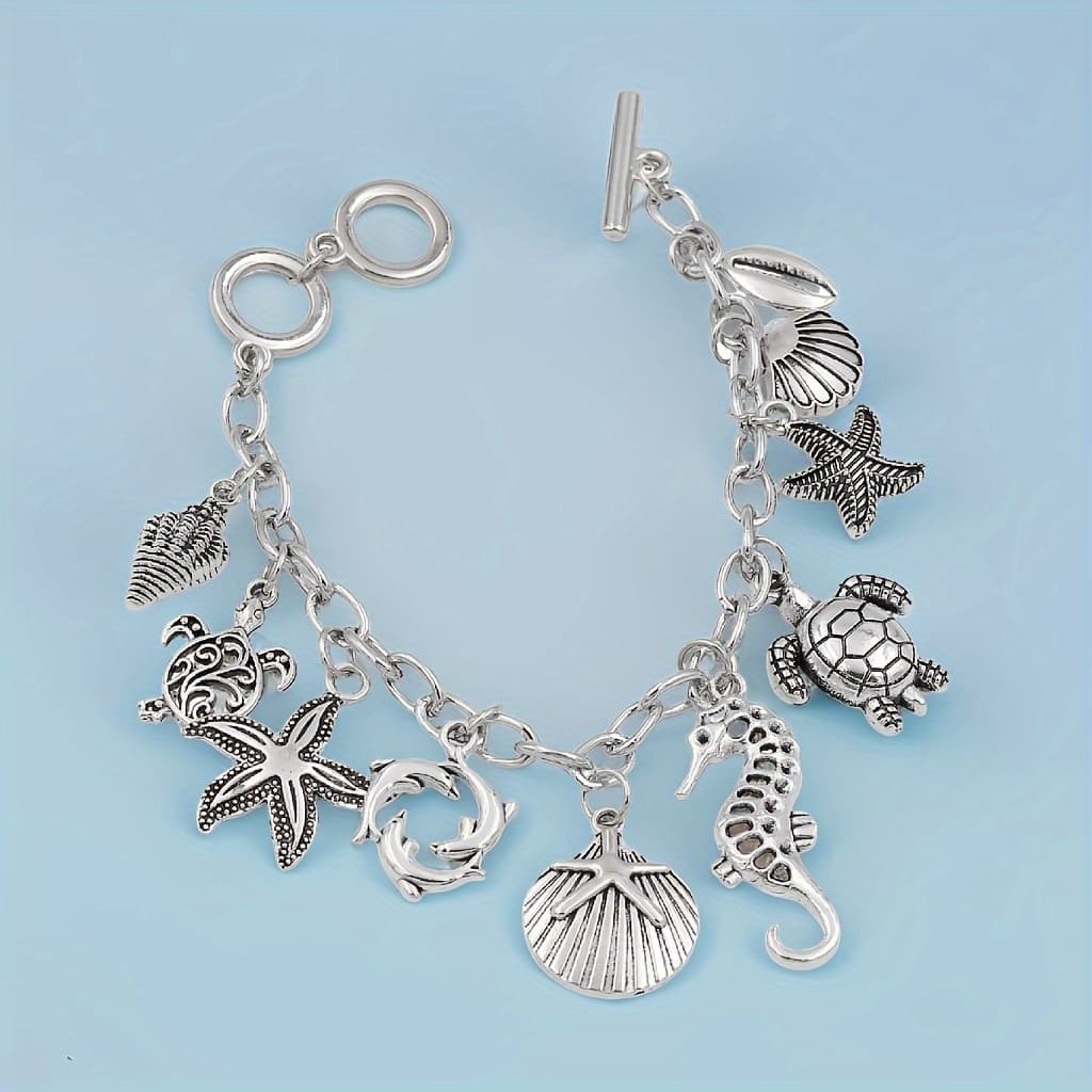 TEMU S925 Silver 1pc Seahorse Turtle Dolphin Starfish Sea Snails Scallop Conch Charm Pendant Chain Bracelet, Marine Animal Bracelet Friendship Jewelry Gift.total Weight Of The Product (3g)