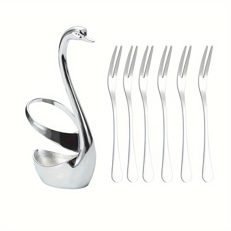 TEMU 7pcs Set, Stainless Steel Fruit Fork, Dessert Fork, Cake Fork, Base Tableware Storage Rack, 5.87 Inches, Silvery