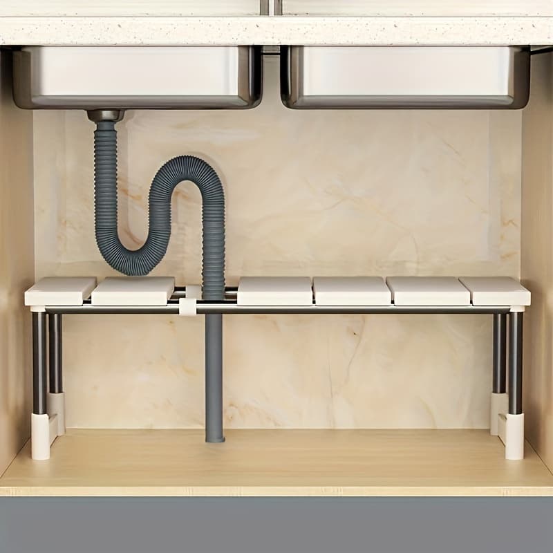 TEMU Space-saving Adjustable Under-sink Organizer - Stainless Steel & Plastic, Storage Rack For Kitchen & Bathroom Cabinets
