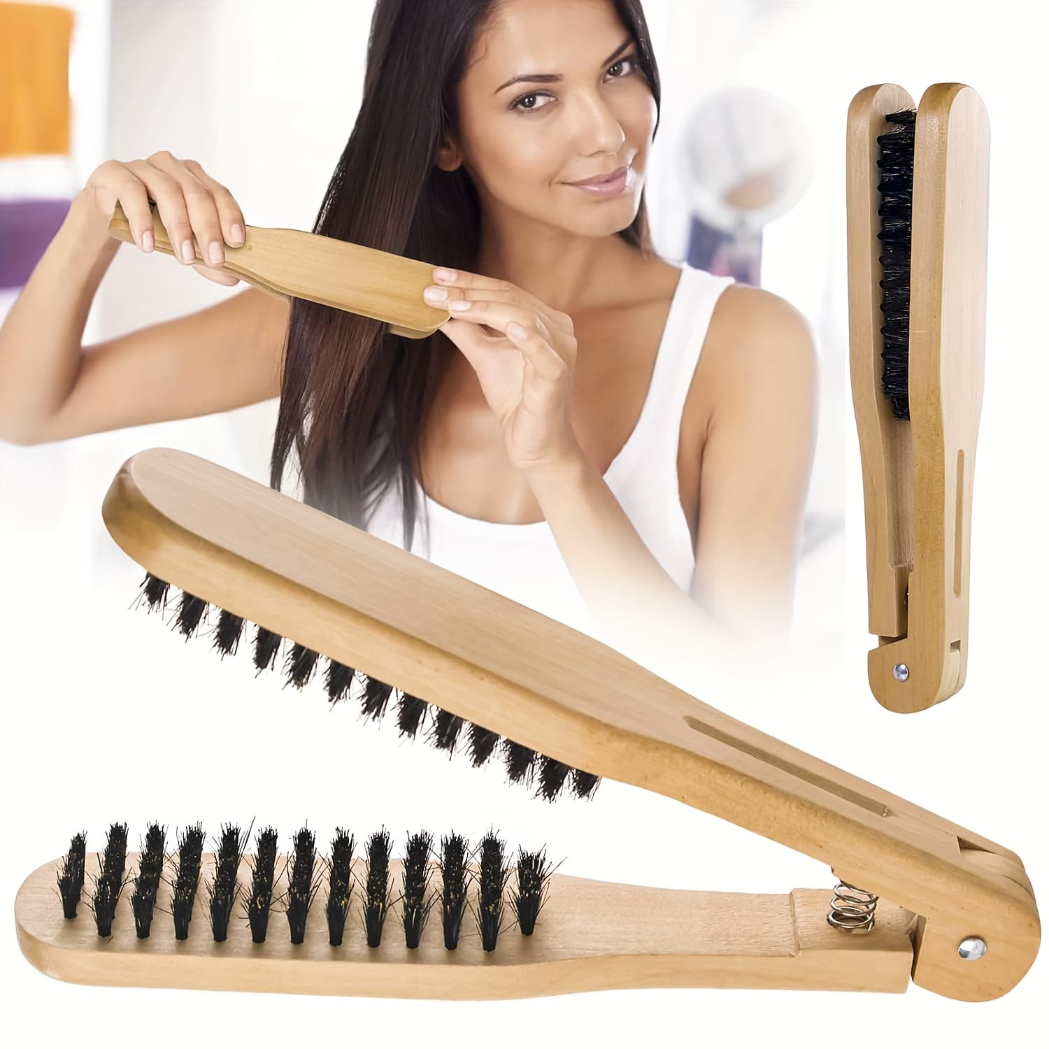 TEMU Double-sided Bristle Hair Brush, Hair Straightening Brush For Smoothing And Straightening Hair, Wooden Hair Straightening Brush