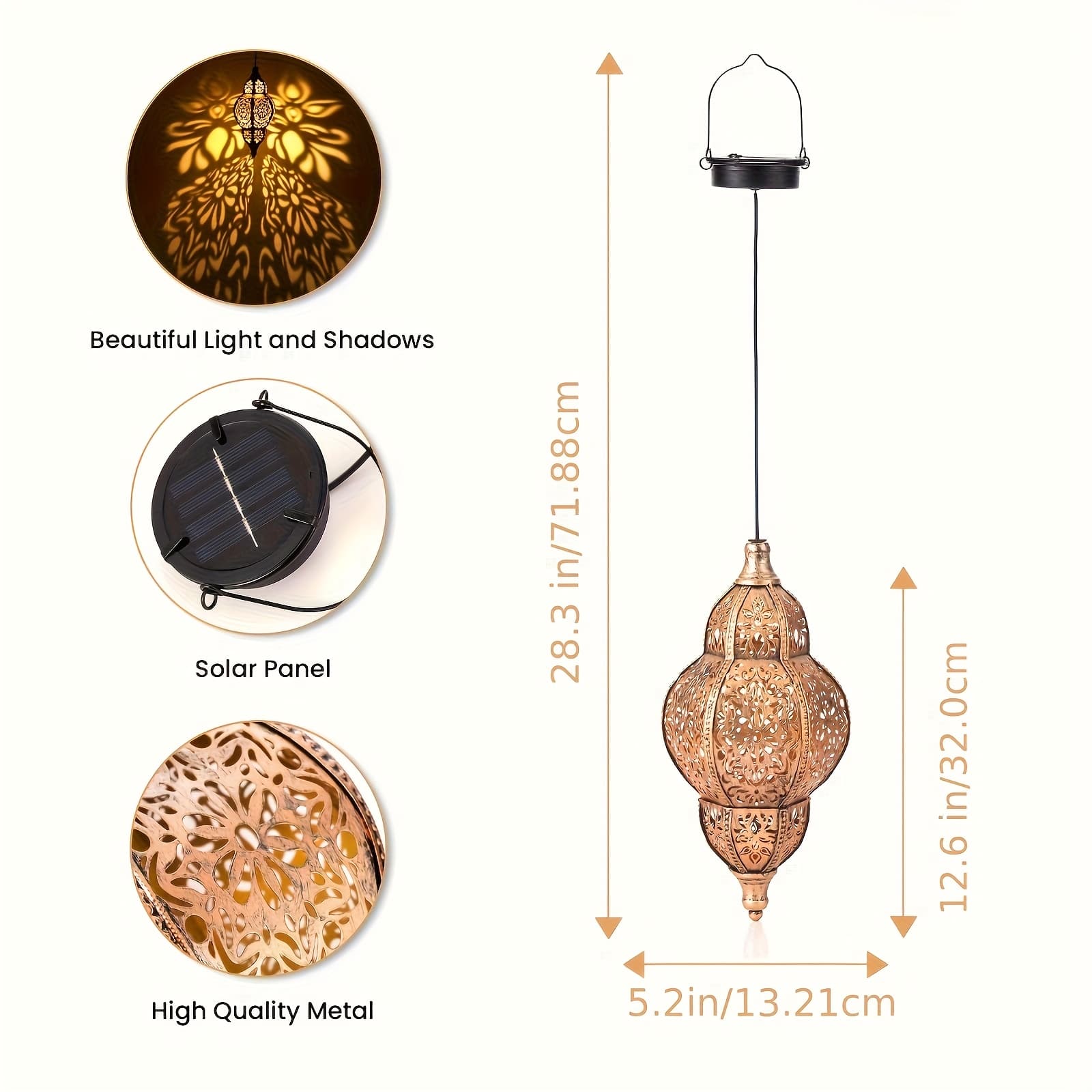 TEMU 26.6-inch Solar-powered Hanging Lantern Decor, Iron Gourd Cutout Projection Light, Waterproof, 800mah Battery, For Corridors, , , Lawns, , Christmas Gift
