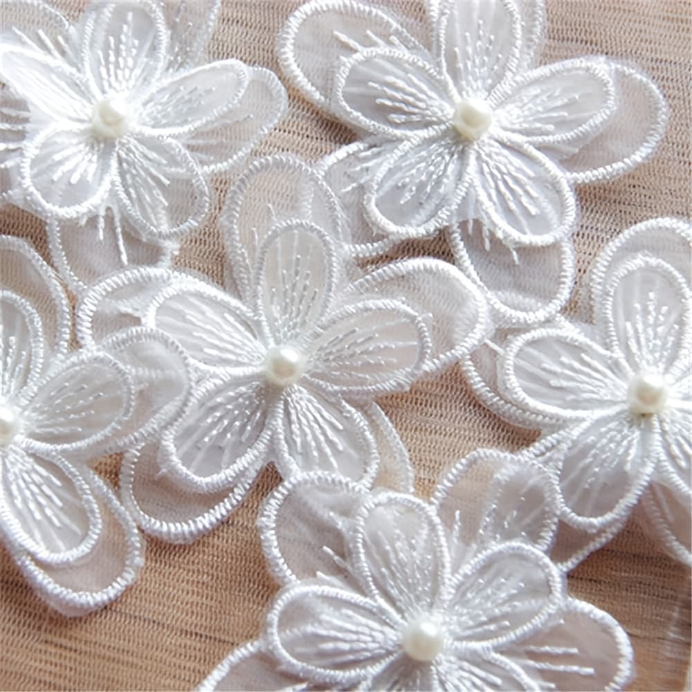 TEMU 10pcs/pack White Double-layer Organza Embroidered Cloth Patch Bead Ornament Lace Applique Clothing Decoration Additions