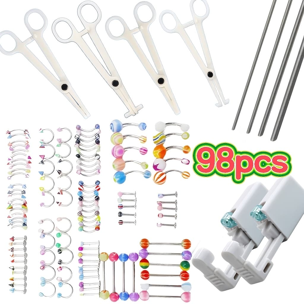 TEMU 98pcs Stainless Steel Body Piercing Kit Bulk - With Piercing Clamps, Needles, Lip Piercings, & Eyebrow Jewelry, Glitter Tongue Set
