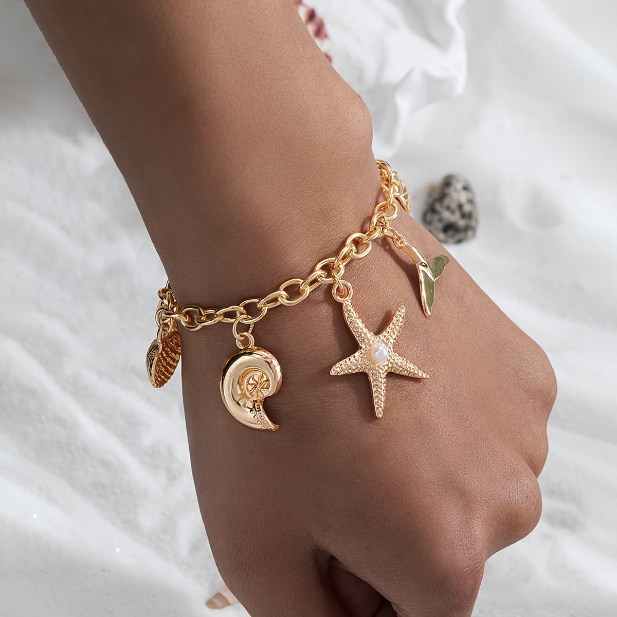 TEMU 1pc Bohemian Ocean Beach Style Spring/summer Metal Starfish And Shell Pendant Bracelet, Inlaid Starfish Pendant Casual Bracelet, For Women' Wear And Vacation