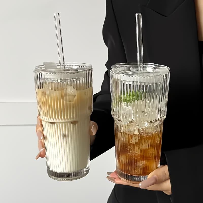 TEMU 2/4pcs Vintage Striped Glasses, Glasses With Glass Straws, 19 Oz Coffee Mugs, Thickened High Borosilicate Material Glasses, Perfect For Iced Coffee, Juice, Drinks, Family And Parties
