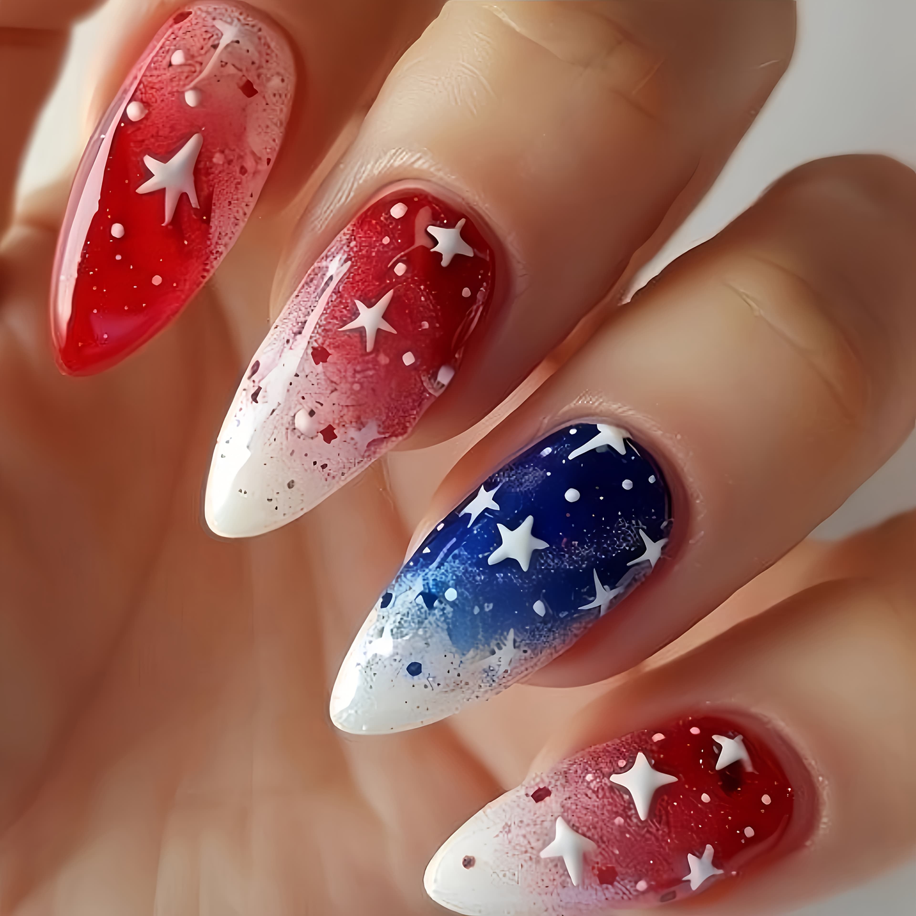 TEMU 24pcs Of Almond-shaped False Nails In Blue And Red Gradient With Star , Removable Press-on Nails For Women