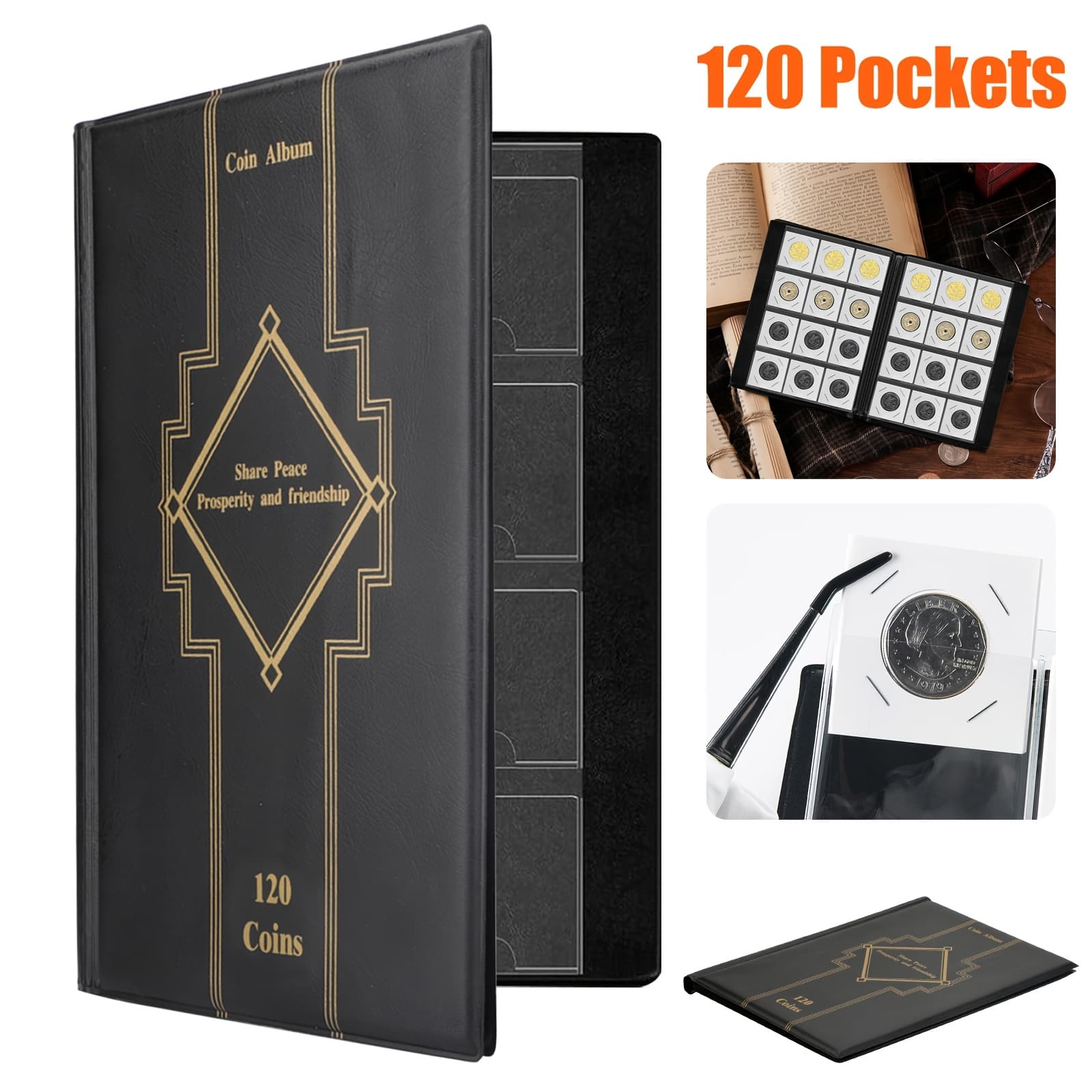 TEMU 120-slot Coin Collection Album, Reusable Coin Storage Book With Transparent Pvc Pages, Coin Holder With Large Capacity, Ideal For Sports Memorabilia