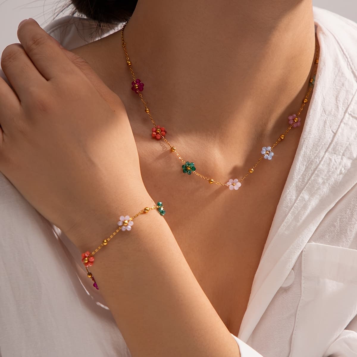 TEMU 1 Set Vintage Colorful Flower Beaded Bracelet Necklace, Fashionable Dopamine , Stainless Steel Material, Sweet And Cute Jewelry, Perfect For Party , Sea Beach Vacations And Birthday Gifts