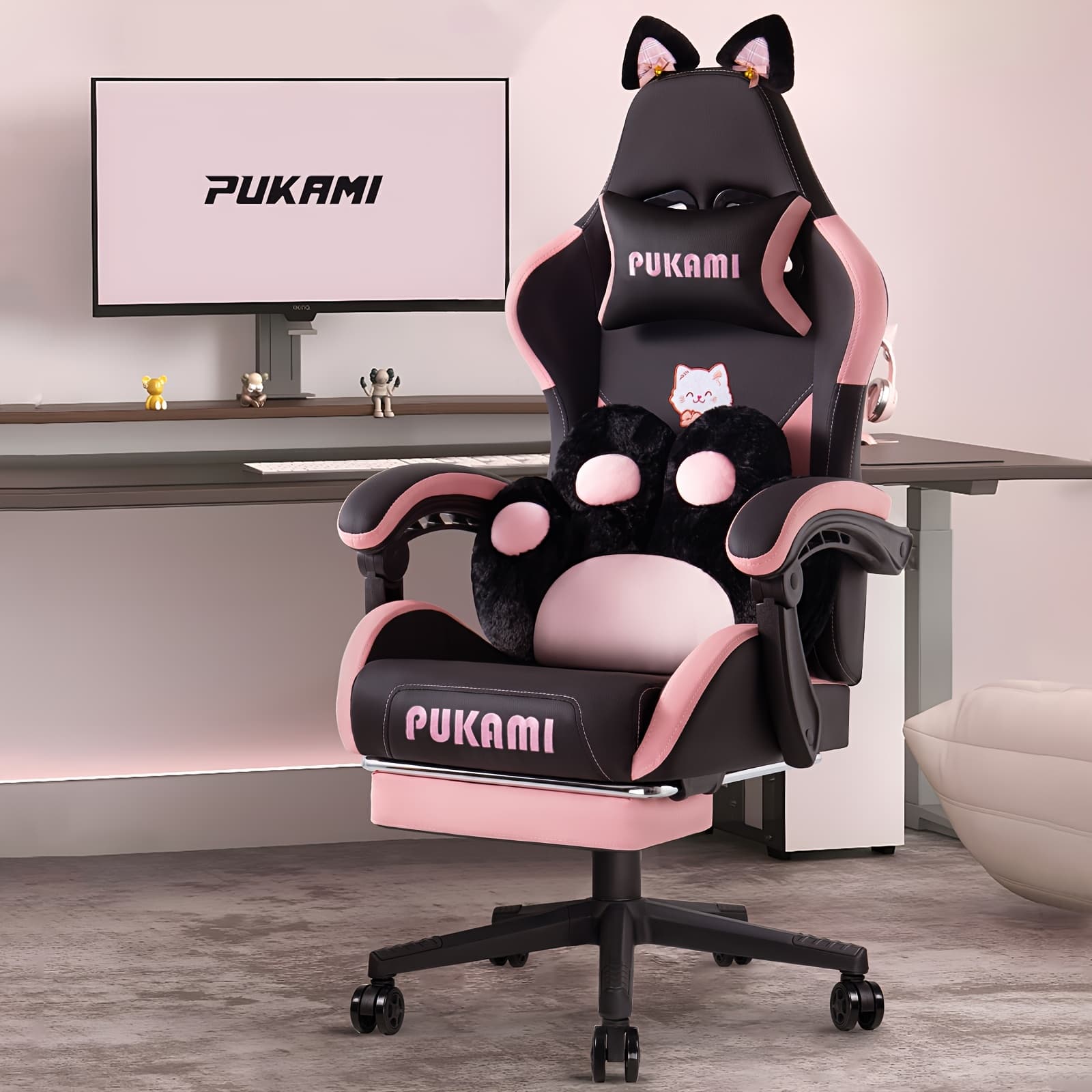 TEMU Gaming Chair With Cat Ears, Cute Computer Chair For Girl With Footrest, Ergonomic Gamer Chair, Kawaii Gaming Chair, Reclining Game Chair With Lumbar Support For Adult, Teen