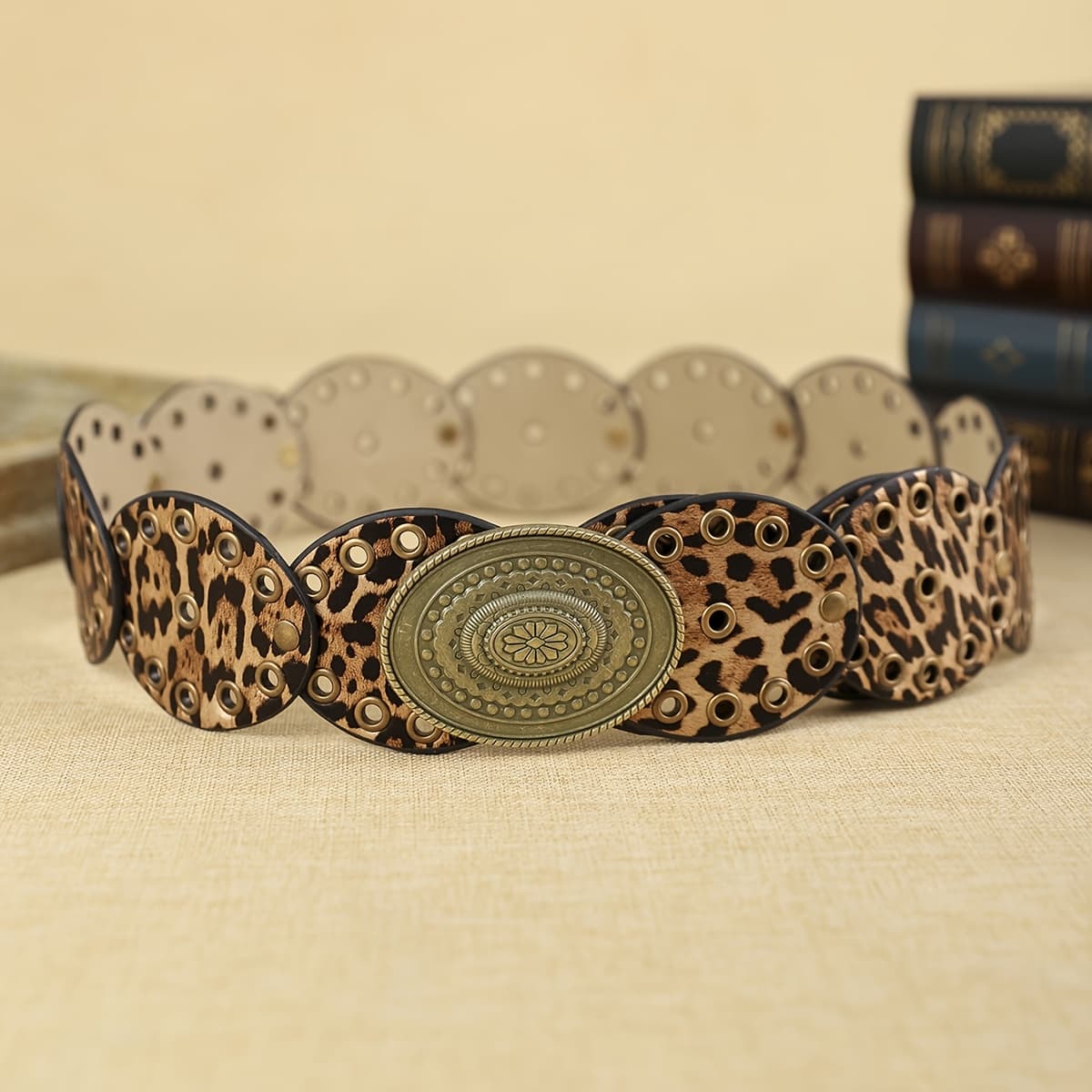 TEMU Vintage Leopard Print Wide-band Belt For Women, Designer Waist Cincher For Dresses, American-style Heavy-duty Belt Accessory, Trendy