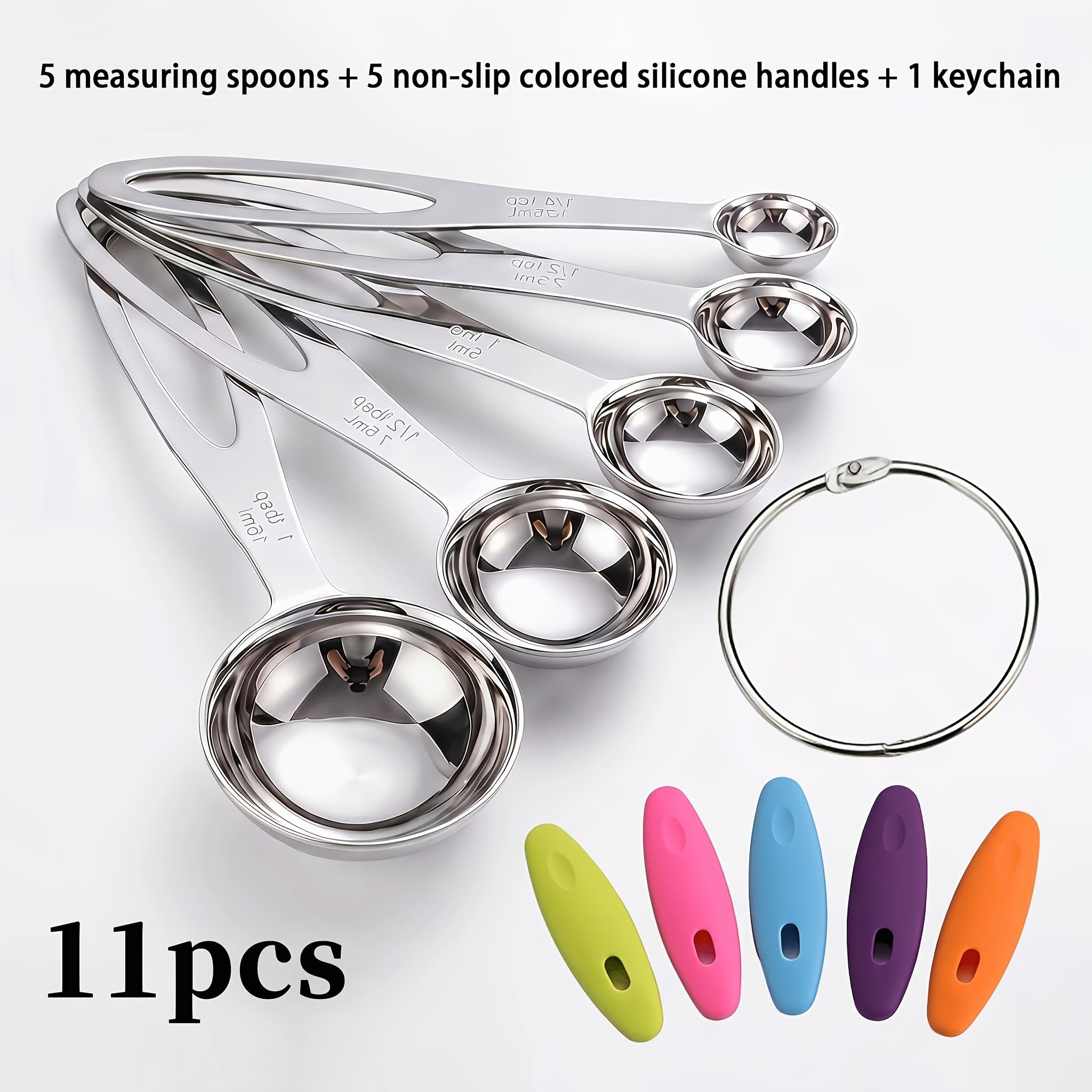 TEMU 11pcs Stainless Steel Measuring Spoon Set Includes 5 Food-grade Silicone Handles. It Features Clear , Is Specifically Designed For Cooking And Baking, Is Dishwasher Safe, Durable, And Stackable