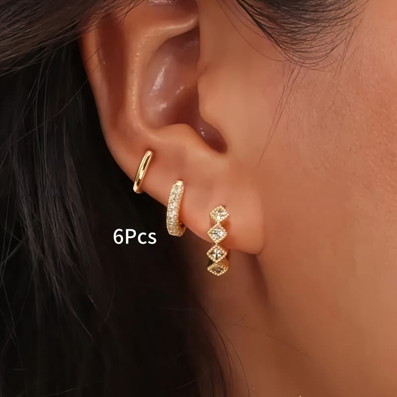 TEMU 6pcs Set Of Easy And Stylish Copper-set Synthetic Zirconia Small Hoop Earrings, Elegant And Suitable For Women' And Vacation Wear