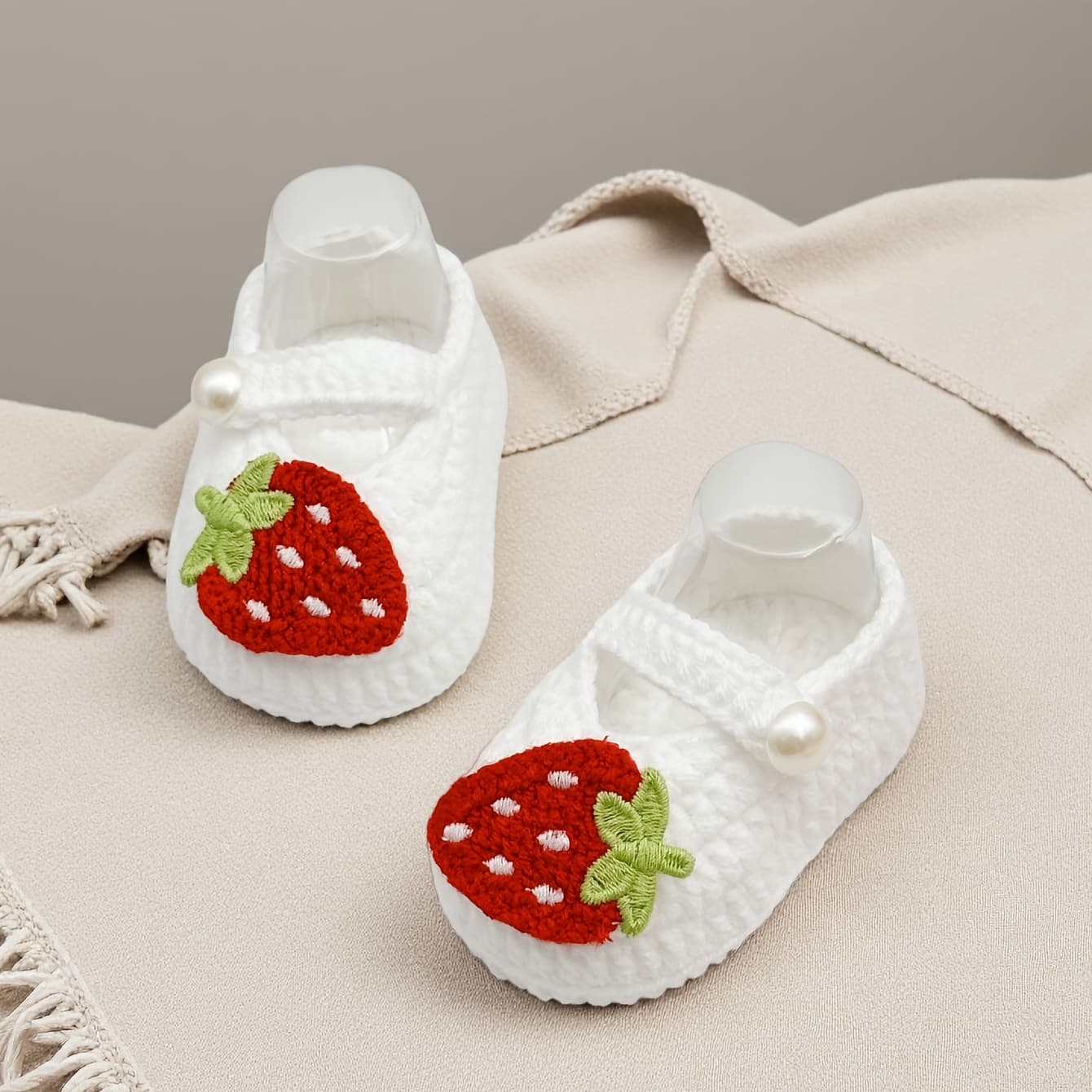 TEMU Children's Shoes With Embroidered Strawberries, Handmade Knitted Crawling Shoes, Newborn Floor Socks