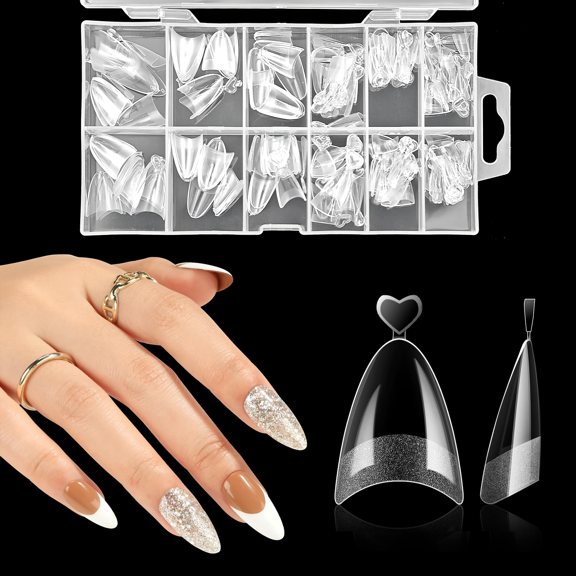 TEMU 120pcs French Almond Shaped Clear Gel Nail Tips - Short Length Glossy Acrylic Nail Extensions With Thick Front Edge, 12 Sizes & Easy Bracket Removal For Natural Nails, Nail Accessories, , , ,