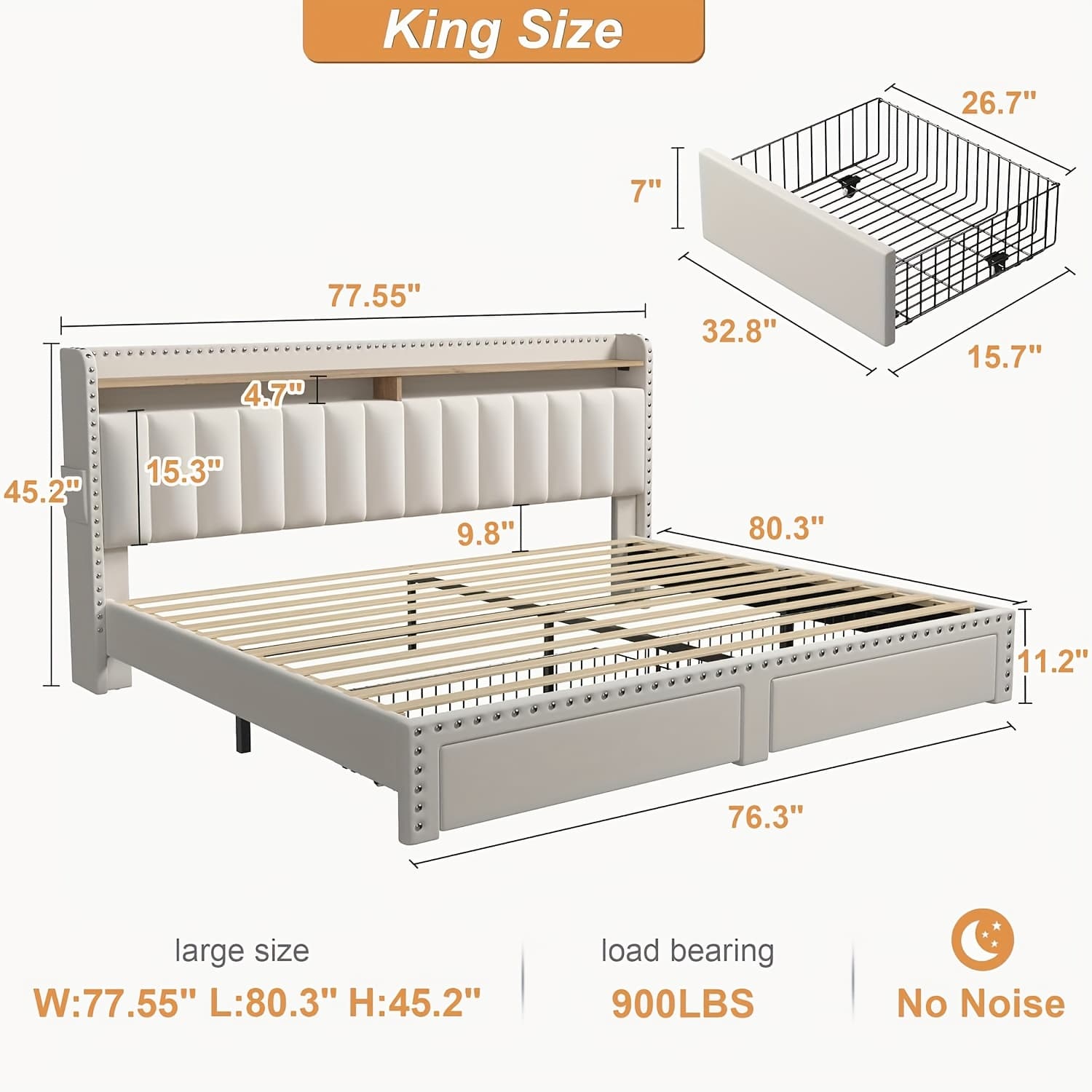 TEMU King Size Upholstered Bed Frame With Storage, 2-tier Headboard And 2 Drawers, Sturdy Wood Slats, Spring Needed, Noise-free, Modern Grey/beige, Easy Assembly, Space Saving