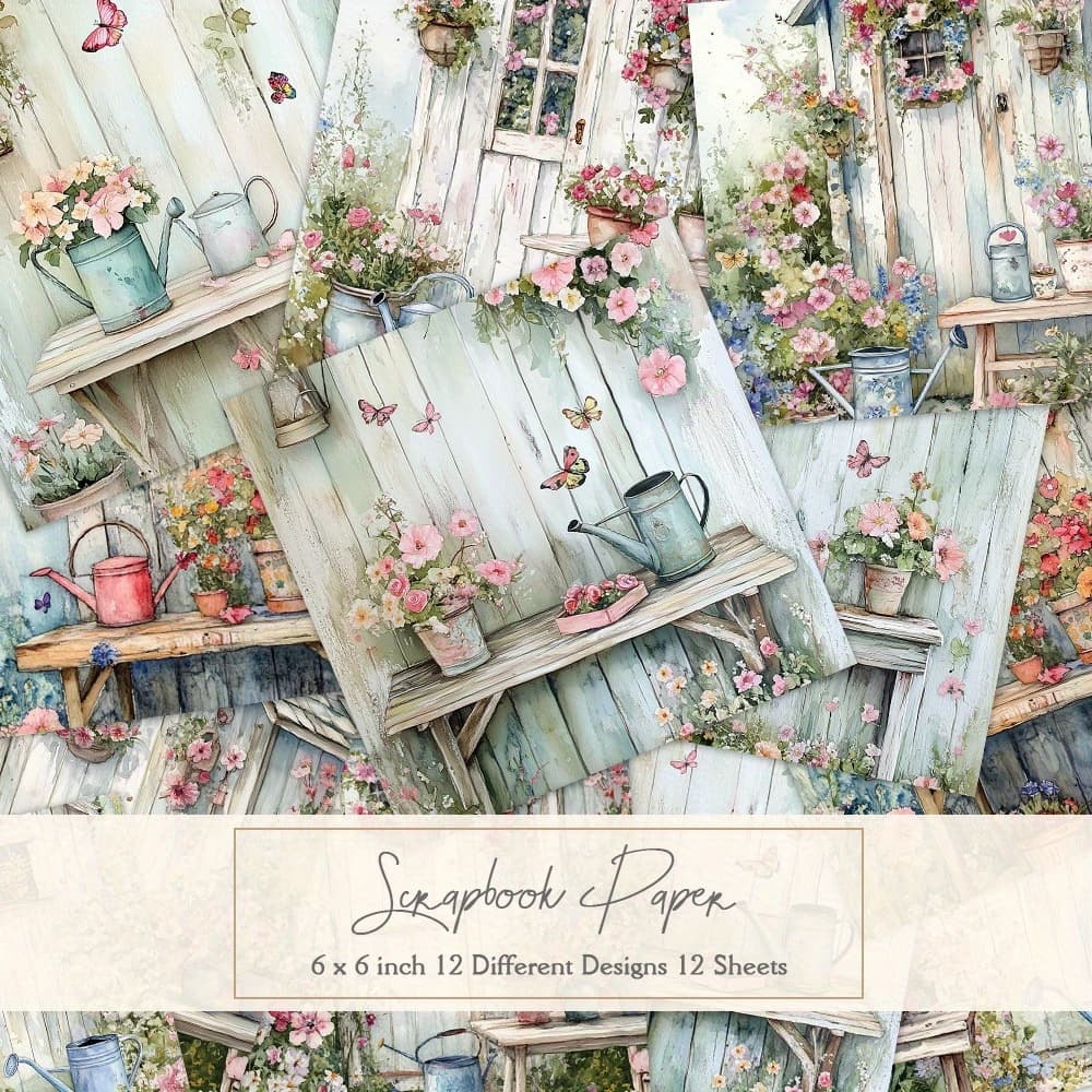 TEMU 12 Sheets Paper, '', Diary Scrapbooking Supplies, Background For Albums, Crafts, Card Making, And Journaling, Decorative Straight Paper Material - Flower Potted Plants And Water Bottles