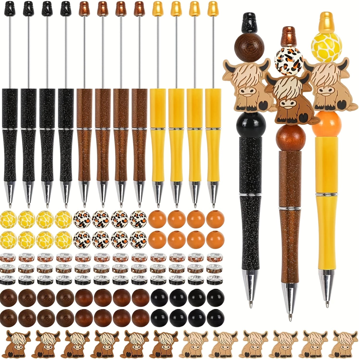 TEMU 108pcs Of Bead Pen Set, Including 12 Bull Shaped Beads, 36 Round Beads, And 48 Spacer Beads, Suitable For Student Offices And Schools To Handcraft And To School