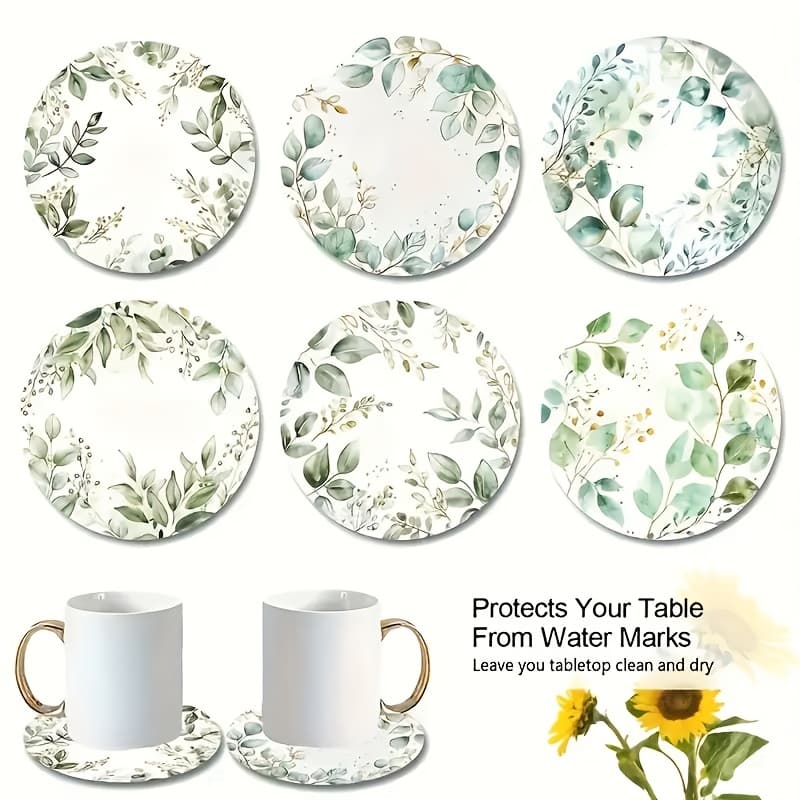 TEMU 6pcs Cork Coaster Set, Watercolor Illustration Style, Green Leaves And Wreaths, Fresh, Elegant, Unique, Natural Atmosphere, Wooden Coasters Size 3.9*3.9 Inches