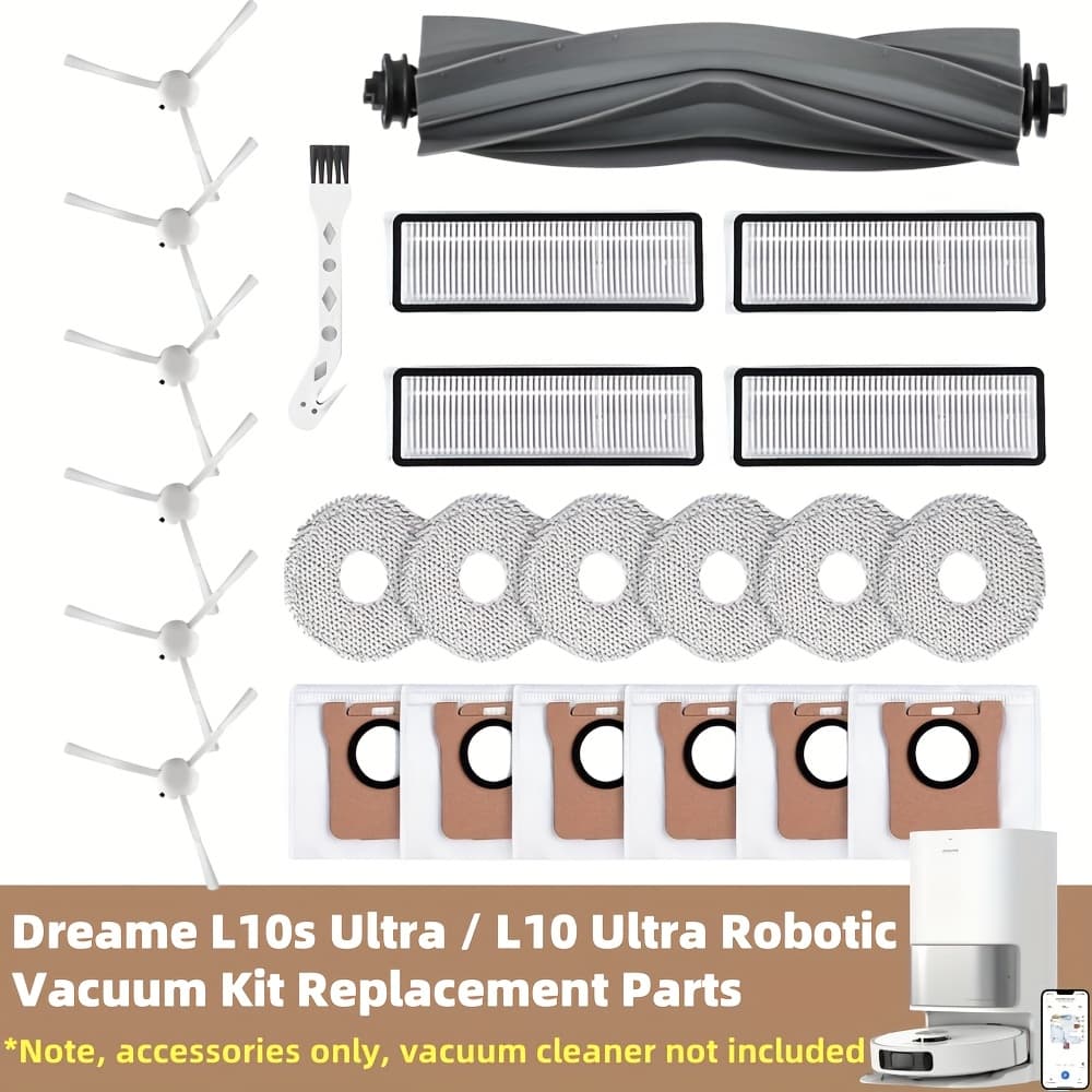 TEMU 24pcs Accessories Kit For L10s Ultra/ L10 Ultra Robot Vacuum Replacement Parts Including 1 Main Brush 4 Hepa Filters 6 Sidebrushes 6 Mop Pads 6 Dust Bags 1 Cleaning Brush