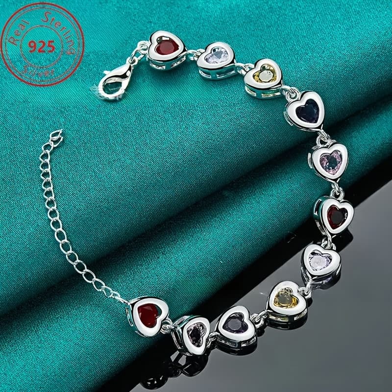 TEMU 1 925 Pure Silvery Bracelet, Shaped Like A Heart - Exquisite And Elegant Style, Shining Colorful Synthetic - For Daily Wear And Gifts - Valentine's Day Gift - Birthday Gift