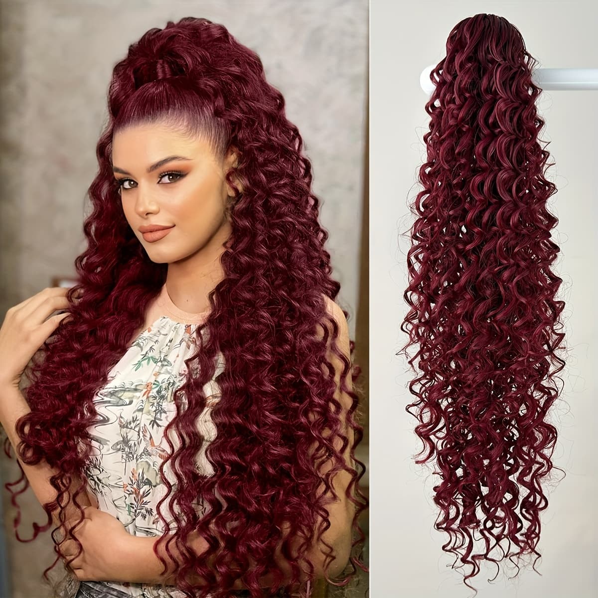 TEMU Claw Shaped Ponytail Extension Wine Red 26 Inch Heat-resistant Fiber Synthetic Ponytail Hair Piece, Suitable For Short Hair Additions For Women' Use