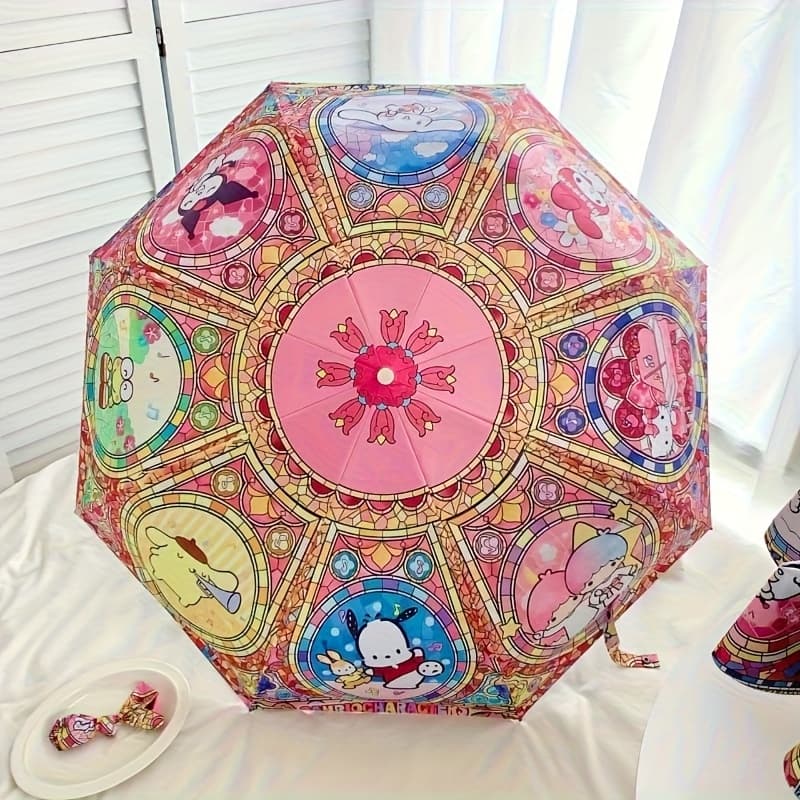 TEMU Hello Kitty Automatic Folding Umbrella - High Quality Windproof Uv Protection, 8-rib Octagonal Design With My Melody & Little Twin Stars Art, 190t Impact Fabric For Rainy Or Sunny Outdoor Use