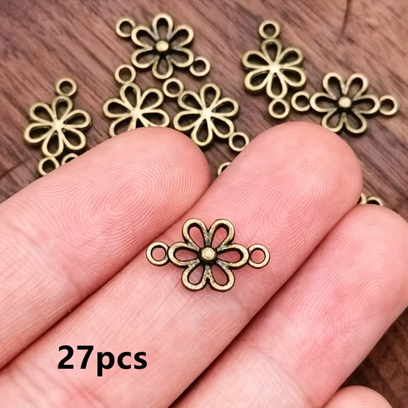 TEMU 27pcs Exquisite Hollowed Flowers Charm Connector Pendant, Bohemian Style Jewelry Accessories, Handmade Making Bracelet, Necklace, Earring Accessories 9*15mm