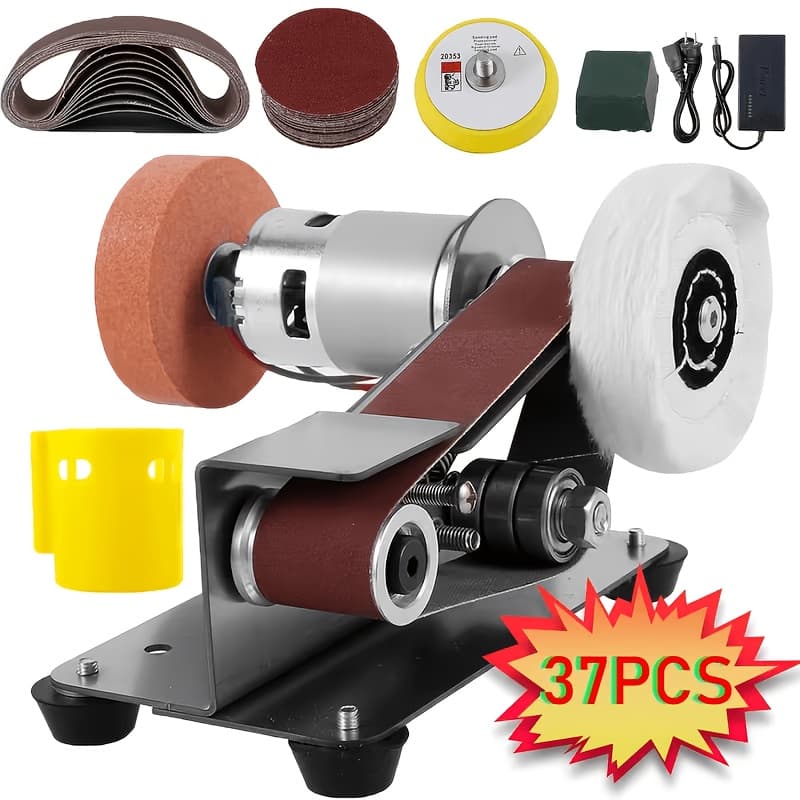 TEMU 37pcs 3-in-1 Mini Belt Sanding Machine - Electric Variable-speed Grinder/polisher With 7-speed Buffer, Knife Sharpener Suitable For Metal, Wood, With Sanding Belts & (for Hobbyists, Small )