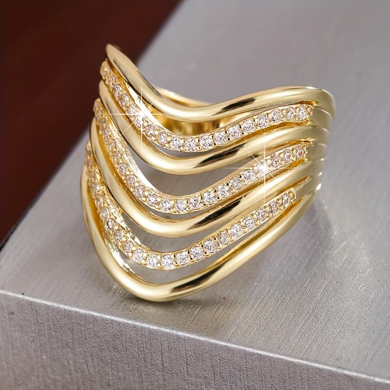 TEMU Luxurious Copper Material With Wide Surface And Multiple Lines, Wavy Design Inlaid With Synthetic Zirconia For Women's Rings