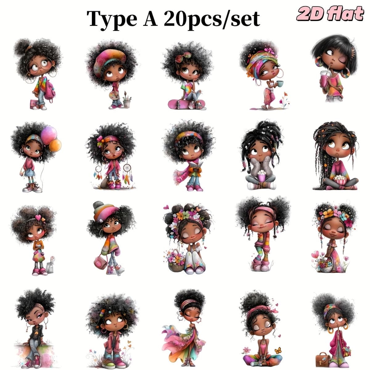 TEMU 20pcs/set Creative And Whimsical Curly Hair Series Handmade High Quality Sticker Decoration/2d Flat, 2d Flat
