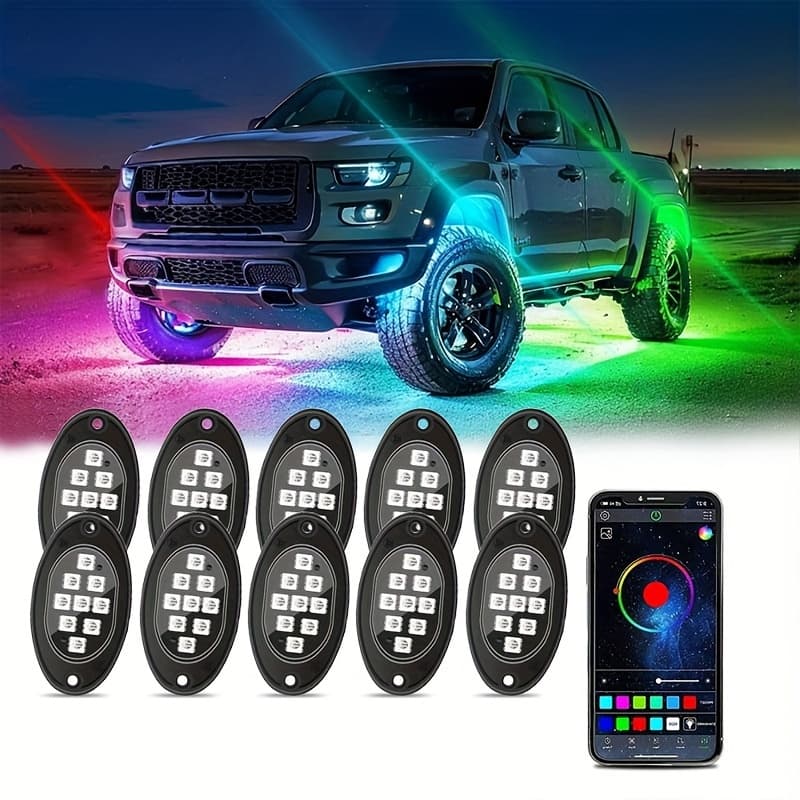 TEMU 10 Rgb Led Rock Lights With App/rf Remote Control, Bottom Lighting, Multi Area Neon Lights, External Lights, 12v Truck Accessories Utv Suv Atv Cart Off-road