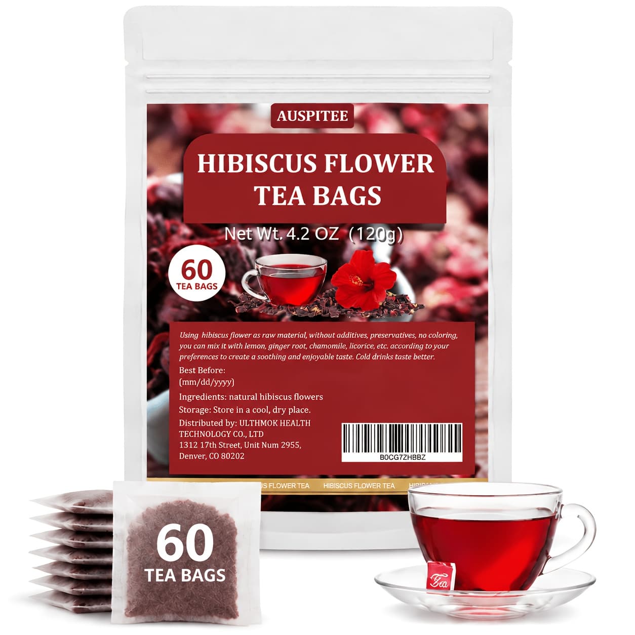 TEMU Ulthmok High Quality Hibiscus Tea Bags, 60 Tea Bags 2g/4.24 Ounces, 100% Pure Dried Hibiscus Flowers, Natural Without Additives, Caffeine Free.