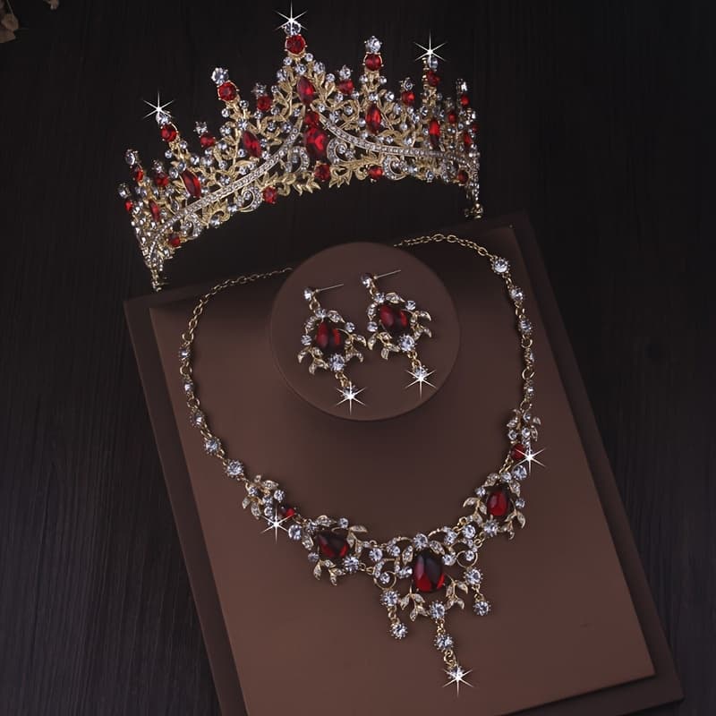TEMU Set Of Necklace And Earrings With Bridal Crown For Weddings, Dress Additions, Elegant Atmosphere For Banquets, Stage Performances, And Birthday Celebrations And Red, Three-piece Set