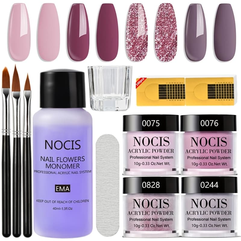 TEMU Nocis Professional Acrylic Nail Kit - Salon-quality Set With Liquid Monomer, 4 Powders & Brushes For Extensions, Carving & French Manicure - , Beauty