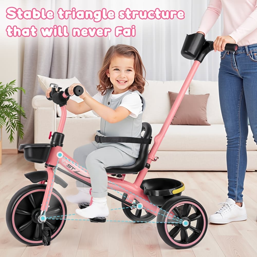 TEMU Tricycles For 18 - 60 Months, Toddler Bike, Birthday Gift And Toy For Boys And Girls, Toddler Tricycle With Parent Push Handle, Trike With Backrest And Safety Belt, Pink, For Day