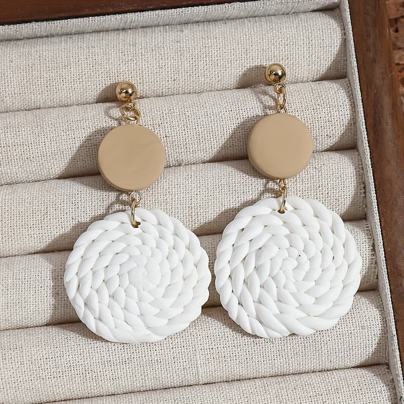 TEMU A Pair Of Women's Stylish Drop Earrings Featuring Vintage Bohemian Handcrafted Woven Soft Clay Round Pendants, Perfect For Daily Casual Wear, Vacations, And As Holiday Gifts