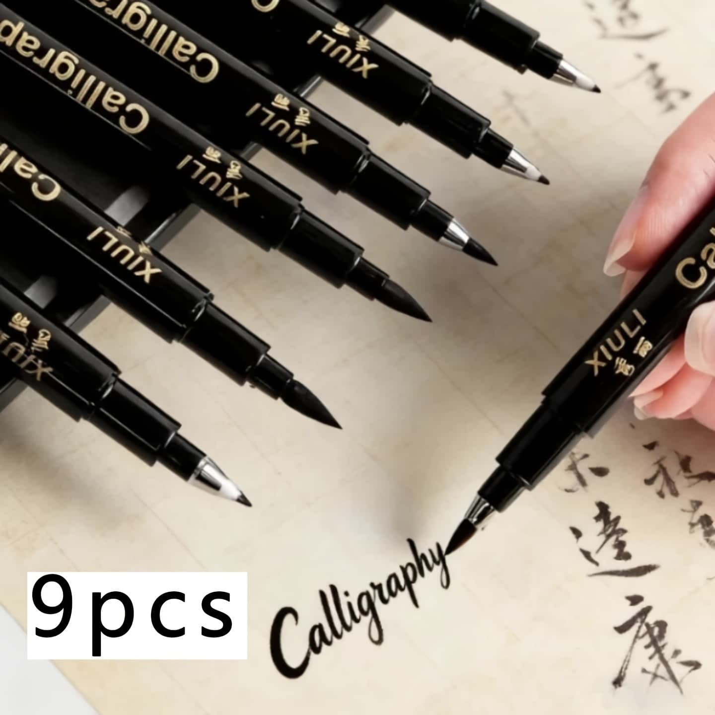 TEMU 9pcs Set Of Calligraphy Soft-tip Pens, 4 Types Of Nib Sizes (brush Head/medium/fine/), For Calligraphy, English Handwriting Art, Sketching, Journaling